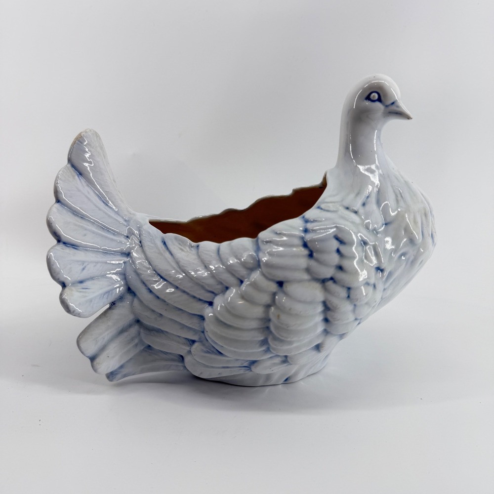 Vintage Ceramic Dove Planter Bird Figurine Blue White Glaze Cottagecore Decor